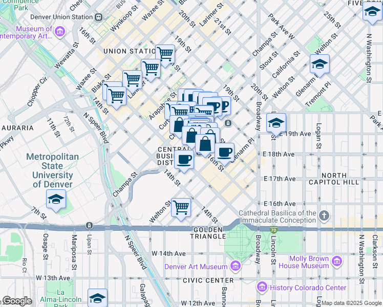 map of restaurants, bars, coffee shops, grocery stores, and more near in Denver