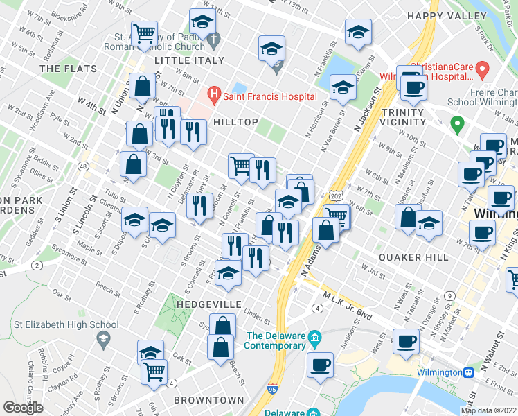 map of restaurants, bars, coffee shops, grocery stores, and more near 1217 West 3rd Street in Wilmington