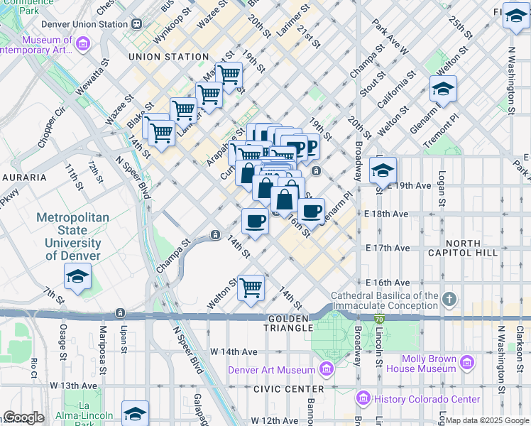 map of restaurants, bars, coffee shops, grocery stores, and more near 1555 California Street in Denver