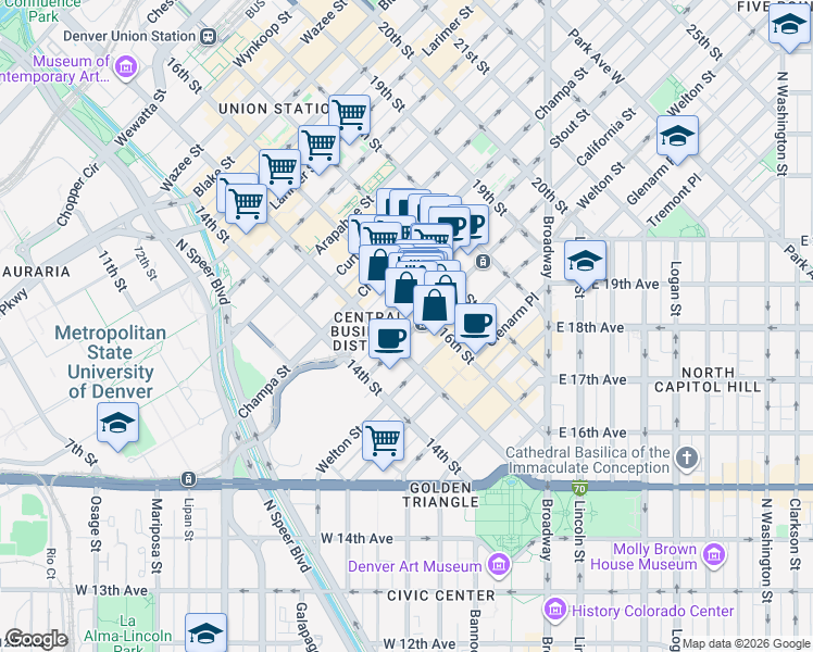 map of restaurants, bars, coffee shops, grocery stores, and more near 1565 California Street in Denver