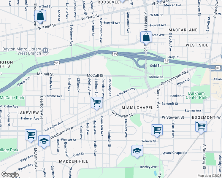 map of restaurants, bars, coffee shops, grocery stores, and more near 654 Randolph Street in Dayton
