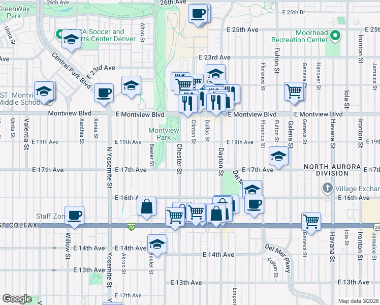 map of restaurants, bars, coffee shops, grocery stores, and more near 1788 Chester Street in Aurora