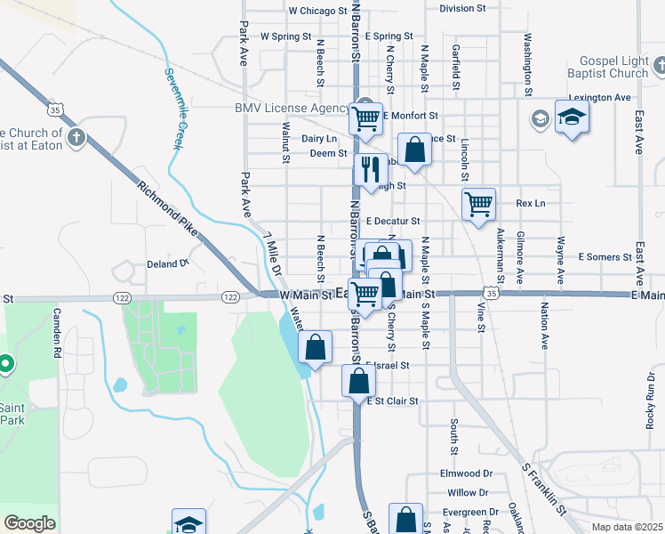 map of restaurants, bars, coffee shops, grocery stores, and more near 119 West Somers Street in Eaton