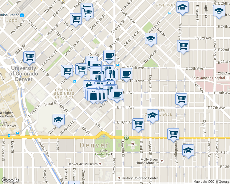 map of restaurants, bars, coffee shops, grocery stores, and more near 3 E 18th Ave in Denver