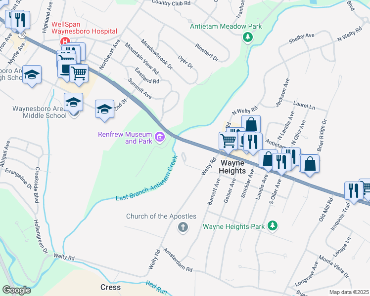 map of restaurants, bars, coffee shops, grocery stores, and more near 1010 East Main Street in Waynesboro