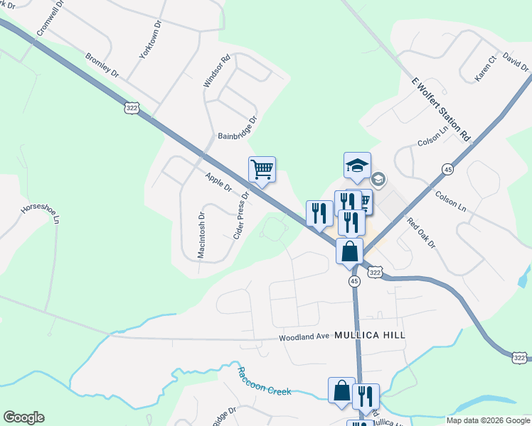 map of restaurants, bars, coffee shops, grocery stores, and more near 1 Crabapple Court in Mullica Hill