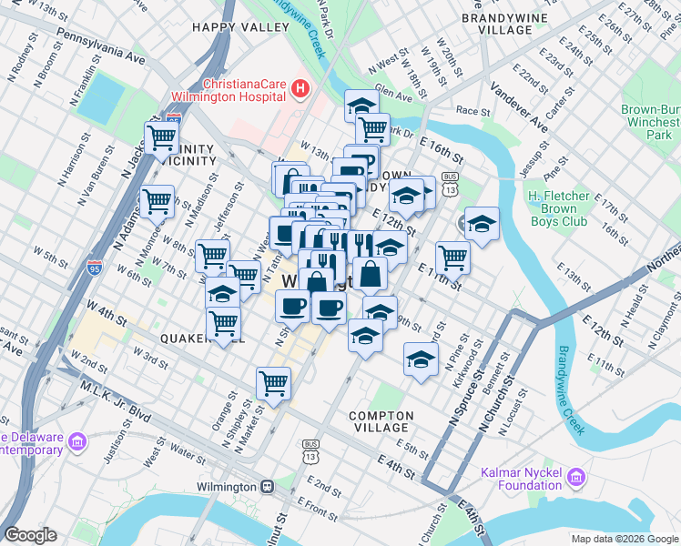 map of restaurants, bars, coffee shops, grocery stores, and more near 912 North Market Street in Wilmington