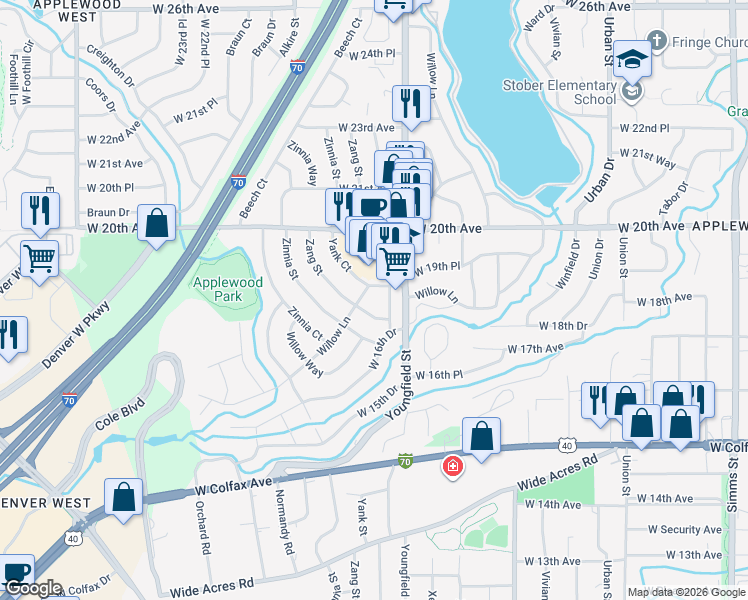 map of restaurants, bars, coffee shops, grocery stores, and more near 1941 Yank Court in Golden