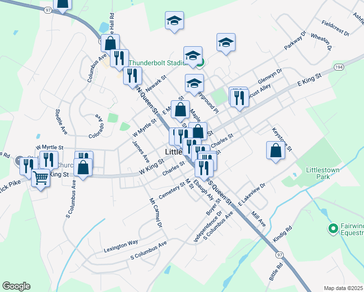 map of restaurants, bars, coffee shops, grocery stores, and more near 2 East King Street in Littlestown