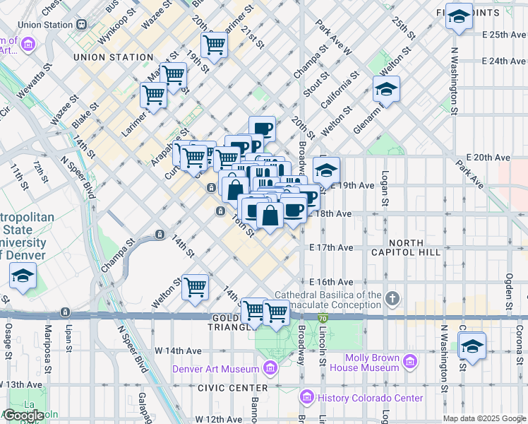map of restaurants, bars, coffee shops, grocery stores, and more near 518 17th Street in Denver