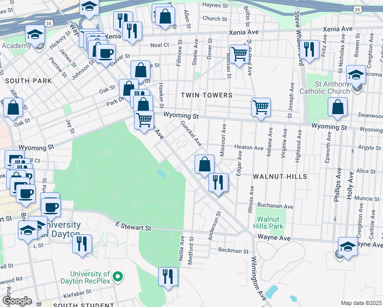 map of restaurants, bars, coffee shops, grocery stores, and more near 27 Margaret Street in Dayton