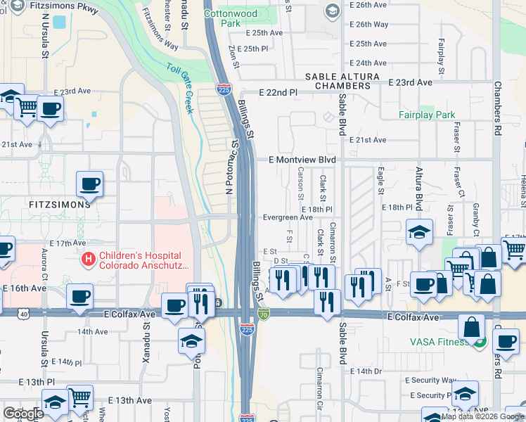 map of restaurants, bars, coffee shops, grocery stores, and more near 1800 Billings Street in Aurora