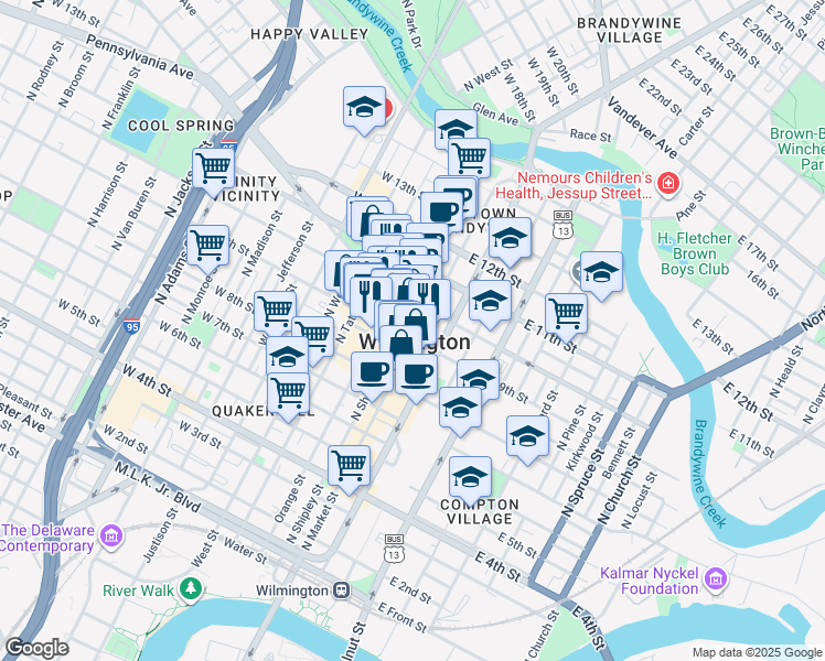 map of restaurants, bars, coffee shops, grocery stores, and more near 901 North Market Street in Wilmington