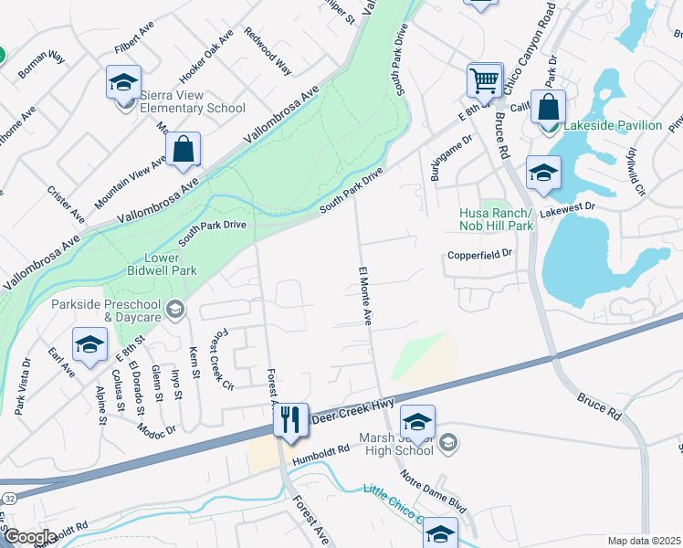 map of restaurants, bars, coffee shops, grocery stores, and more near 875 El Monte Avenue in Chico