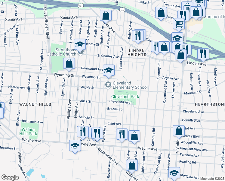 map of restaurants, bars, coffee shops, grocery stores, and more near 1102 Pursell Avenue in Dayton