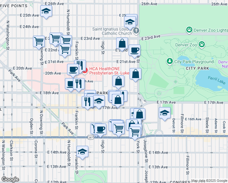 map of restaurants, bars, coffee shops, grocery stores, and more near 1837 Vine Street in Denver