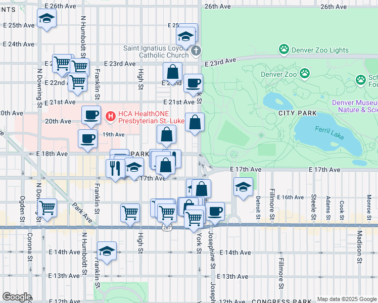 map of restaurants, bars, coffee shops, grocery stores, and more near in Denver