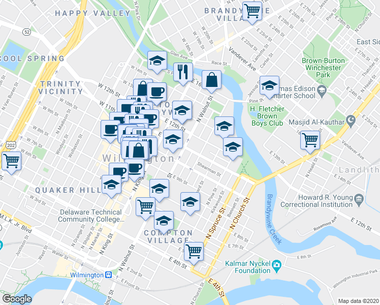 map of restaurants, bars, coffee shops, grocery stores, and more near 1100 North King Street in Wilmington