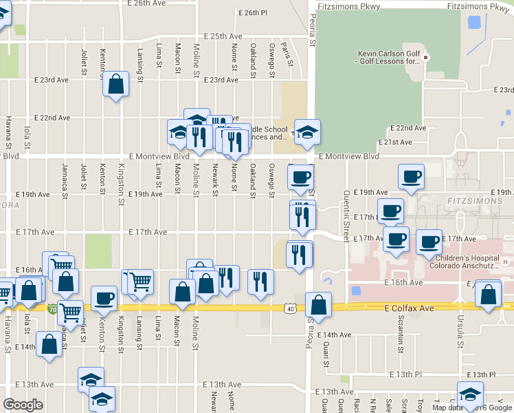 map of restaurants, bars, coffee shops, grocery stores, and more near 1788 Oakland Street in Aurora