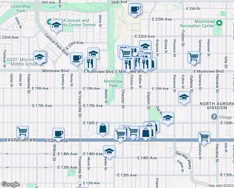 map of restaurants, bars, coffee shops, grocery stores, and more near 9300 East 19th Avenue in Aurora