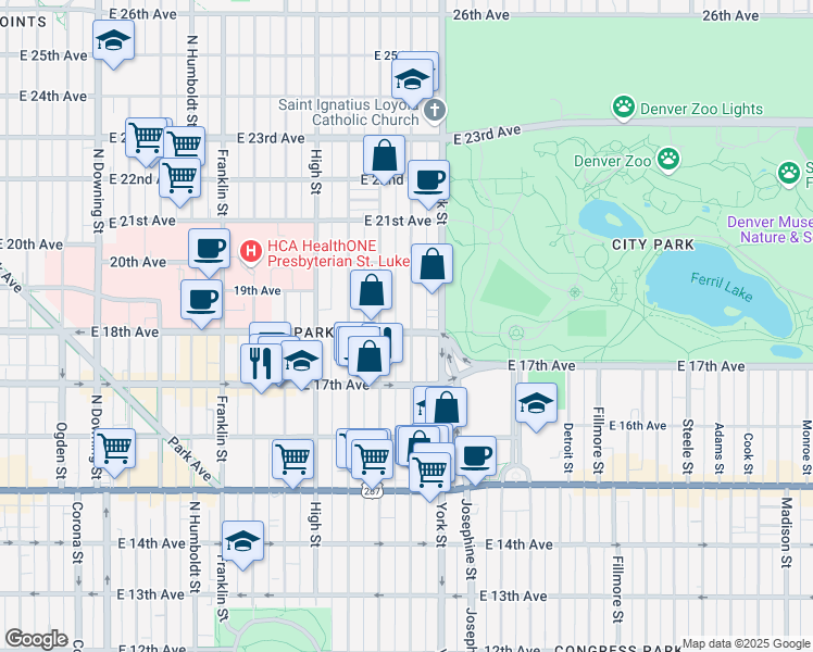 map of restaurants, bars, coffee shops, grocery stores, and more near in Denver