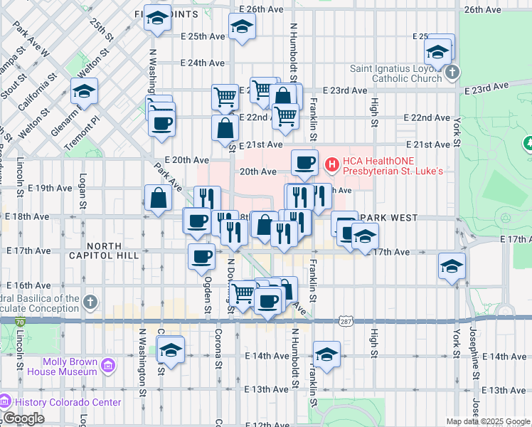 map of restaurants, bars, coffee shops, grocery stores, and more near 1833 North Lafayette Street in Denver