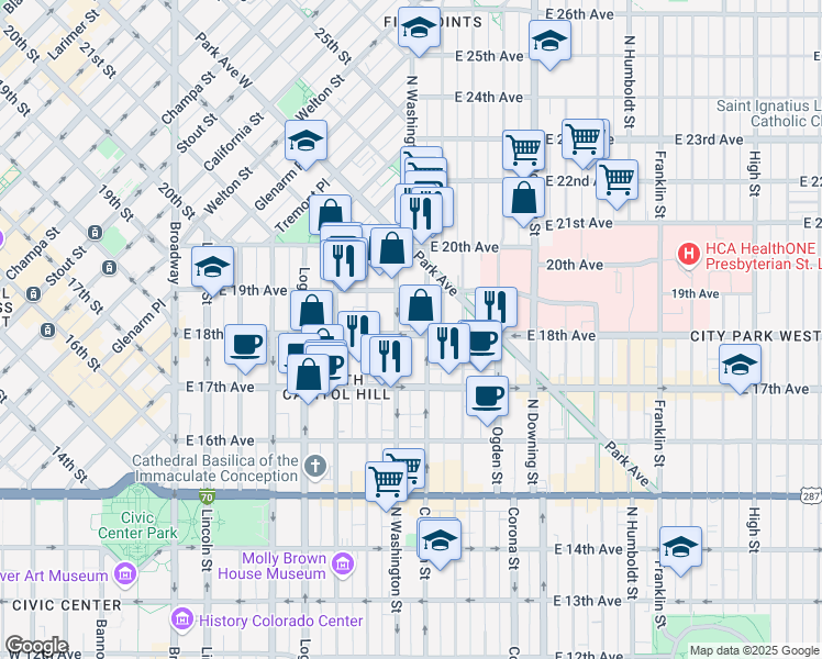 map of restaurants, bars, coffee shops, grocery stores, and more near 1828 North Clarkson street in Denver