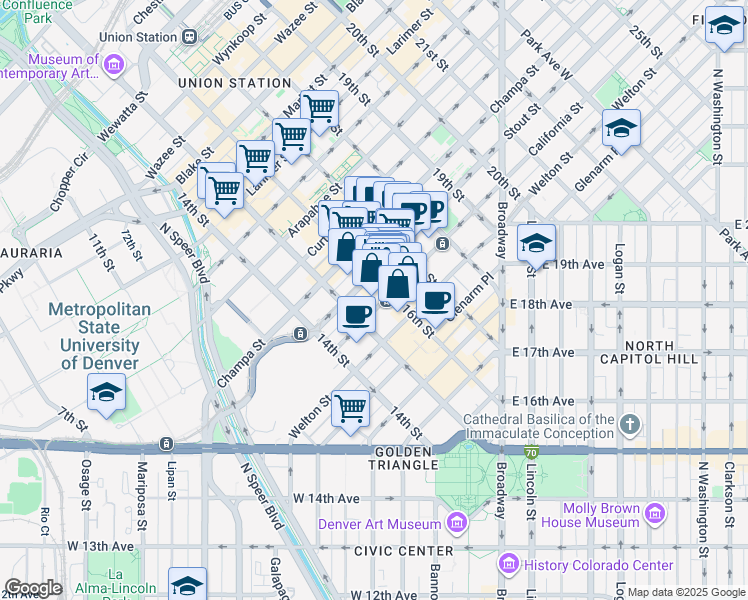 map of restaurants, bars, coffee shops, grocery stores, and more near 801 16th Street Mall in Denver