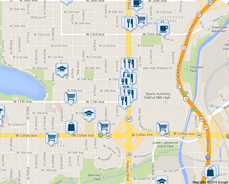 map of restaurants, bars, coffee shops, grocery stores, and more near 1803 Grove Street in Denver