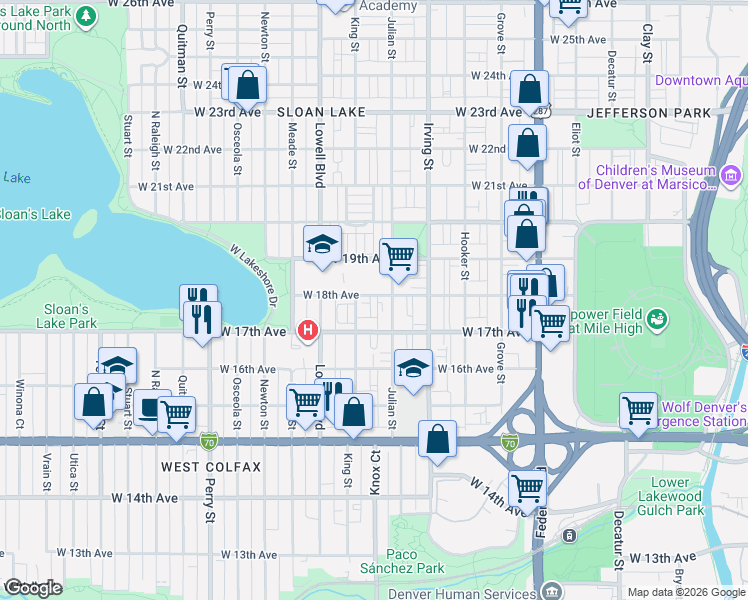 map of restaurants, bars, coffee shops, grocery stores, and more near 1800 King Street in Denver