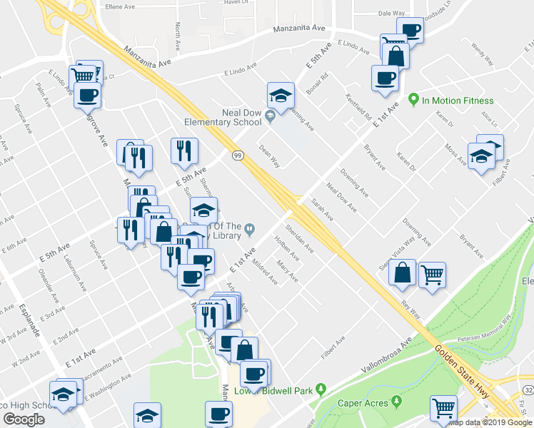 map of restaurants, bars, coffee shops, grocery stores, and more near 1136 Sheridan Avenue in Chico