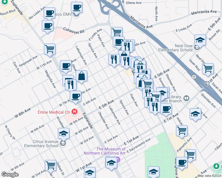 map of restaurants, bars, coffee shops, grocery stores, and more near in Chico