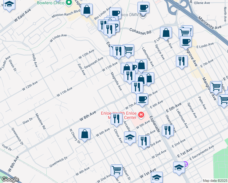 map of restaurants, bars, coffee shops, grocery stores, and more near 1901 Magnolia Avenue in Chico