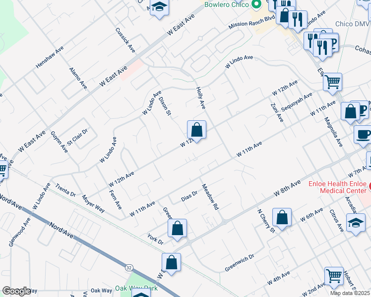 map of restaurants, bars, coffee shops, grocery stores, and more near 805 West 12th Avenue in Chico