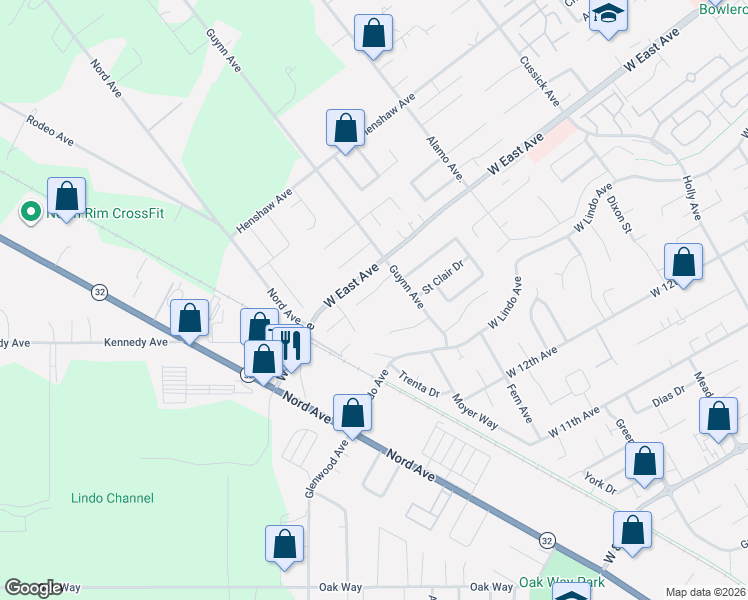 map of restaurants, bars, coffee shops, grocery stores, and more near 1014 Meier Drive in Chico