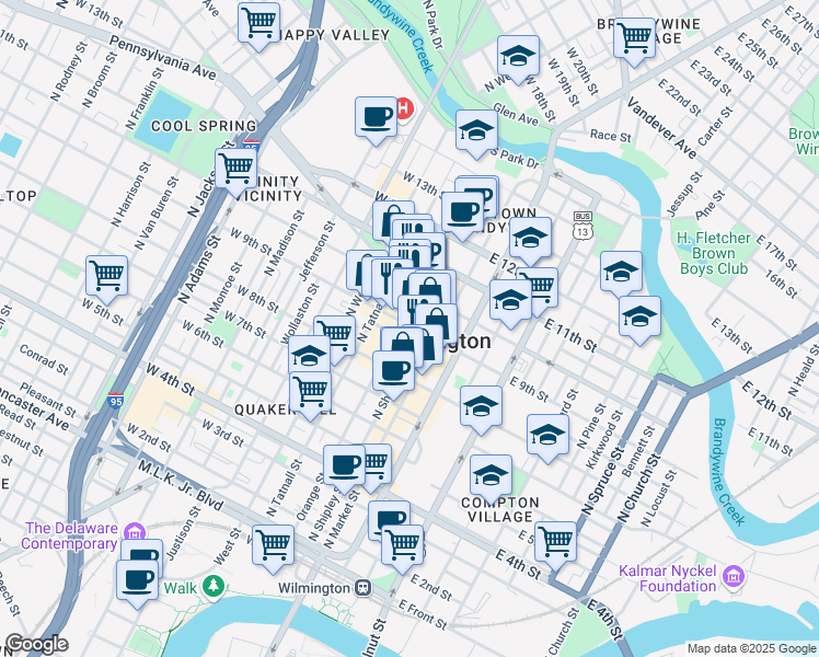 map of restaurants, bars, coffee shops, grocery stores, and more near 903 North Shipley Street in Wilmington