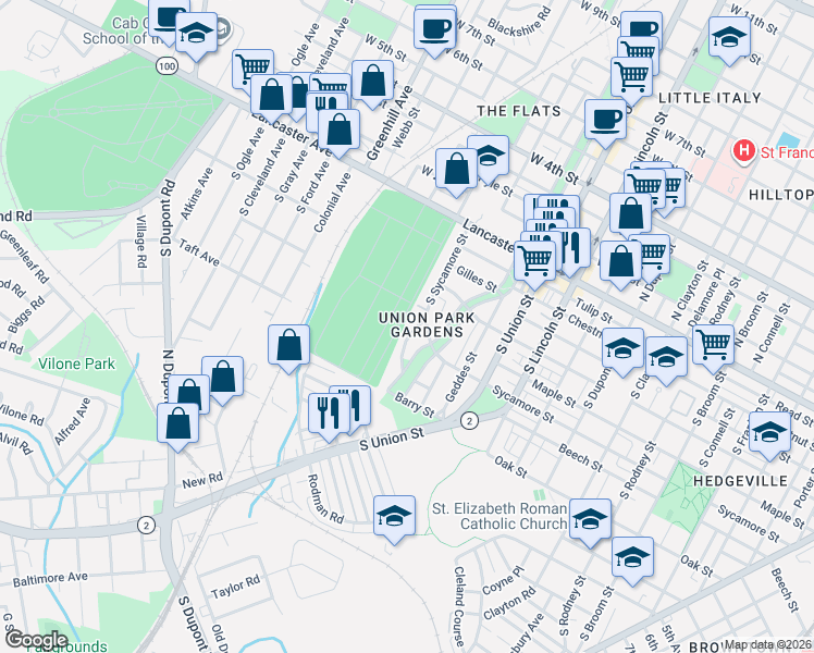 map of restaurants, bars, coffee shops, grocery stores, and more near 605 Harrington Street in Wilmington