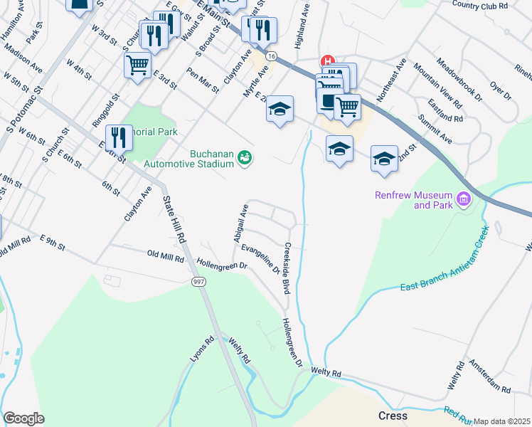 map of restaurants, bars, coffee shops, grocery stores, and more near Bartholomew Drive in Waynesboro