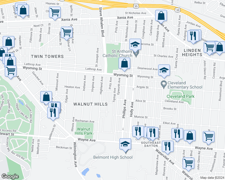 map of restaurants, bars, coffee shops, grocery stores, and more near 1044 Pritz Avenue in Dayton