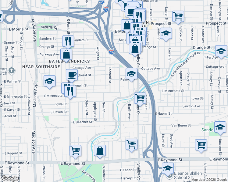 map of restaurants, bars, coffee shops, grocery stores, and more near 1627 Leonard Street in Indianapolis