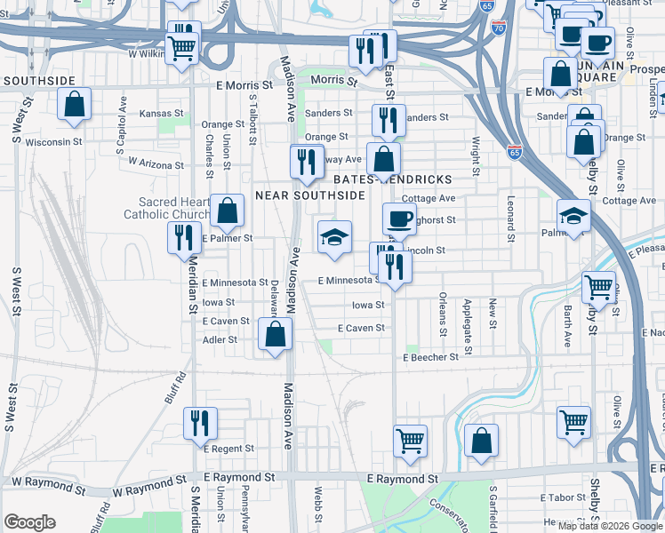 map of restaurants, bars, coffee shops, grocery stores, and more near 1548 South Alabama Street in Indianapolis
