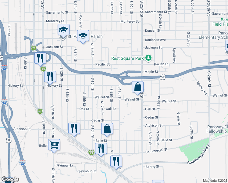 map of restaurants, bars, coffee shops, grocery stores, and more near 2302 South 19th Street in Saint Joseph