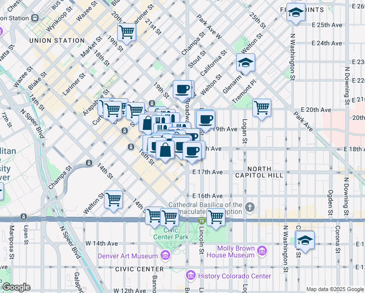 map of restaurants, bars, coffee shops, grocery stores, and more near in Denver