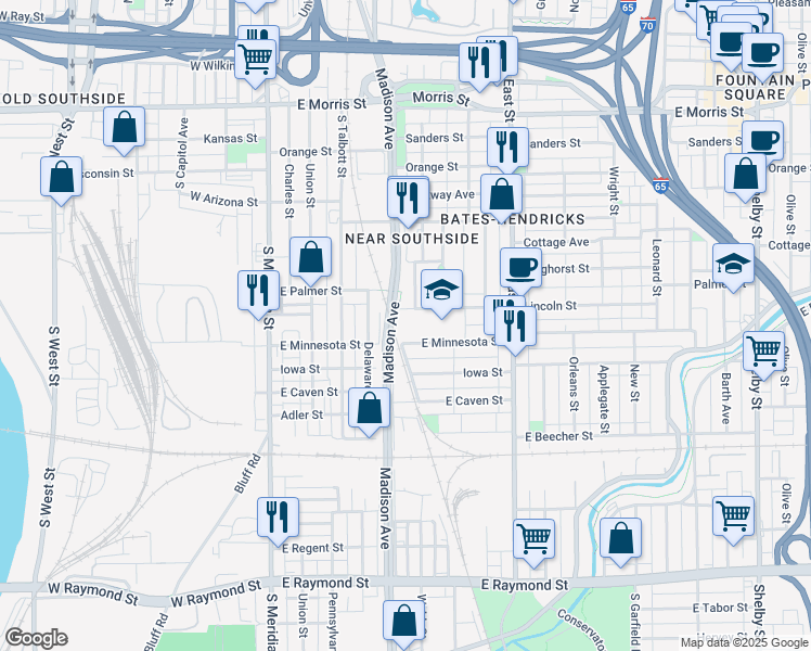 map of restaurants, bars, coffee shops, grocery stores, and more near 201 Lincoln Street in Indianapolis