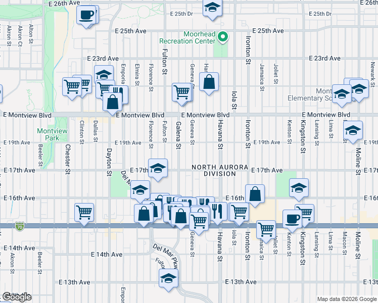 map of restaurants, bars, coffee shops, grocery stores, and more near 1788 Geneva Street in Aurora