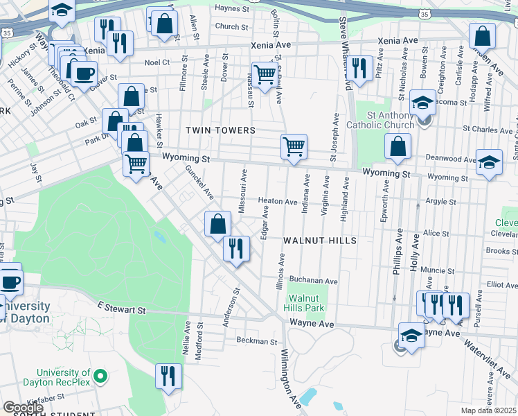 map of restaurants, bars, coffee shops, grocery stores, and more near 209 Heaton Avenue in Dayton