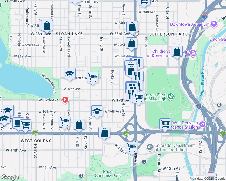 map of restaurants, bars, coffee shops, grocery stores, and more near 3215 West 18th Avenue in Denver