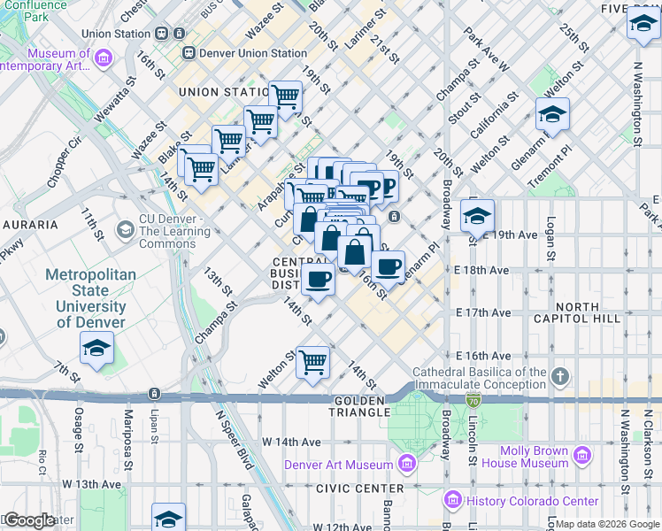 map of restaurants, bars, coffee shops, grocery stores, and more near in Denver