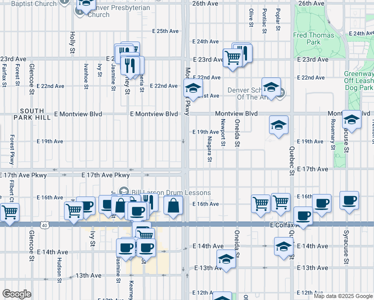map of restaurants, bars, coffee shops, grocery stores, and more near Monaco Parkway in Denver