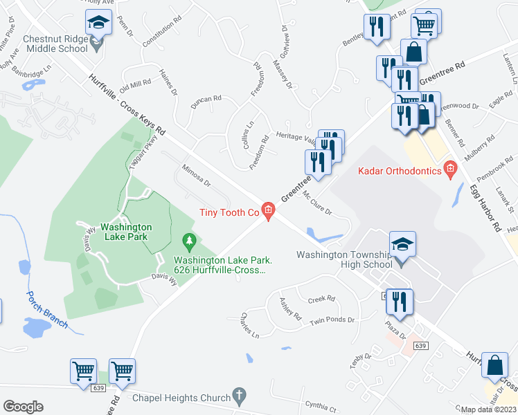 map of restaurants, bars, coffee shops, grocery stores, and more near 605 Hurffville - Cross Keys Road in Washington Township